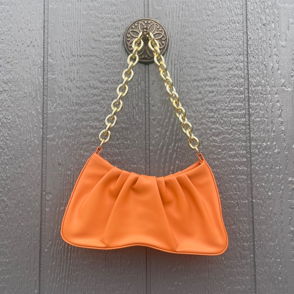 Orange Ruched Vegan Leather Shoulder Bag Chunky Gold Chain Handle Hobo Bag